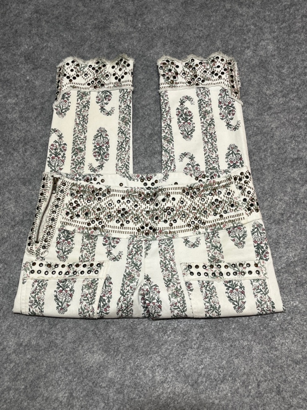 Isabel Marant Bario Cropped Ivory Floral-Print Embellished Jean